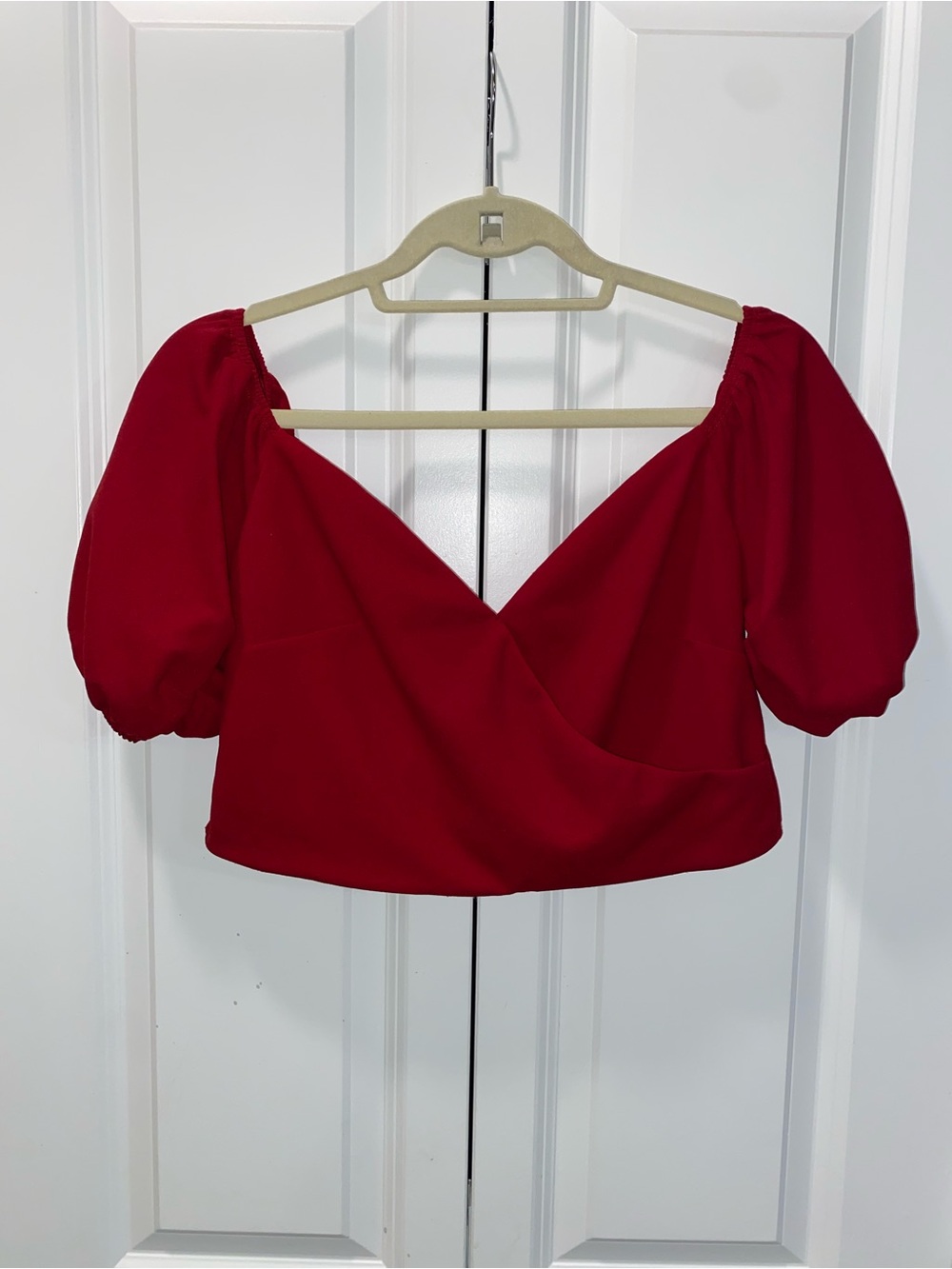 Windsor Red Puff Sleeve Wrap Crop Top